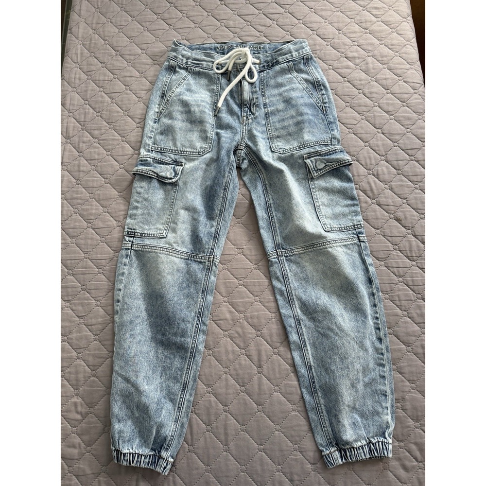 American Eagle Women's Light Blue‎ Cargo Jeans Regular Fit Elastic Hem Size 2